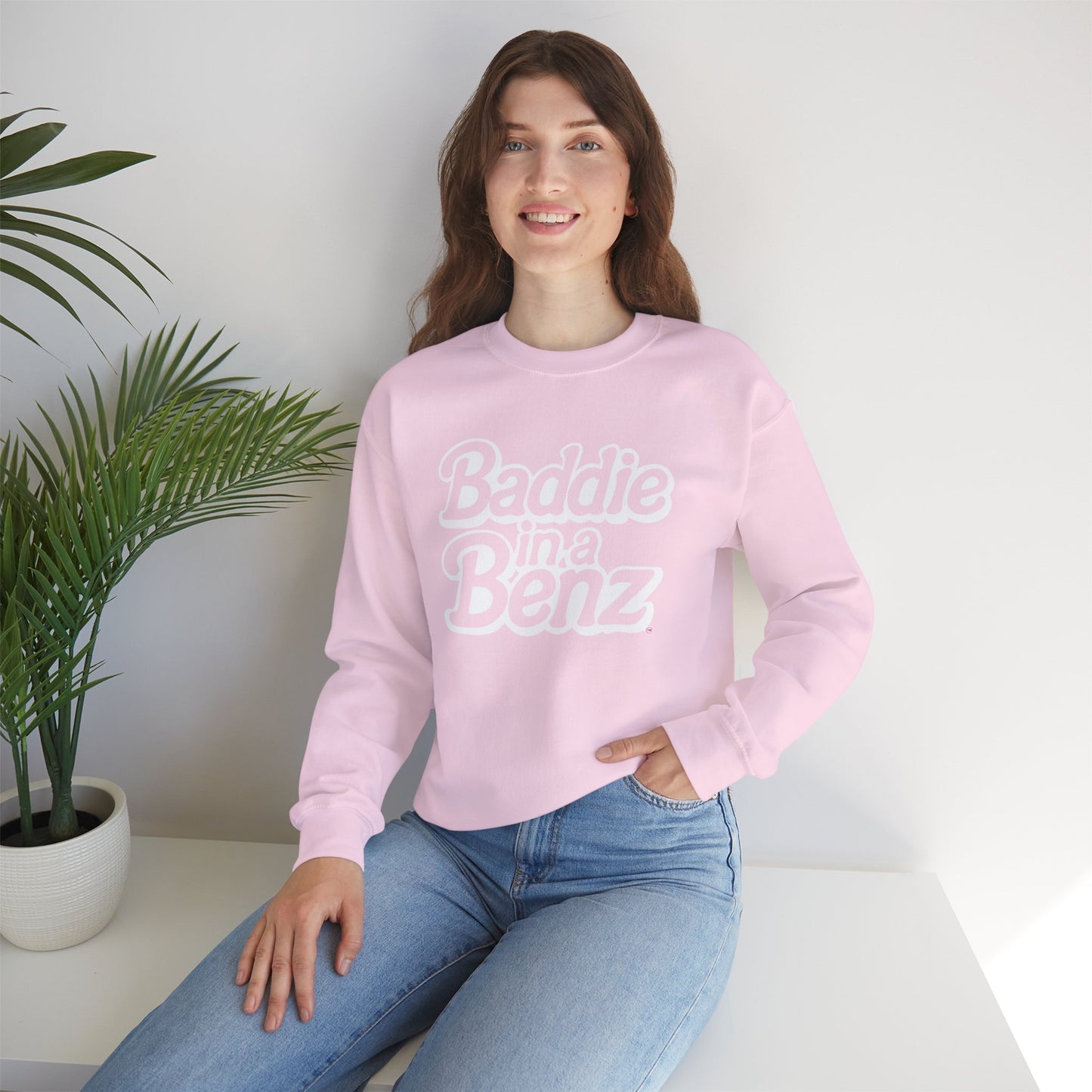 Baddie in a Benz™ | Cozy Unisex Crewneck Sweatshirt | White Logo