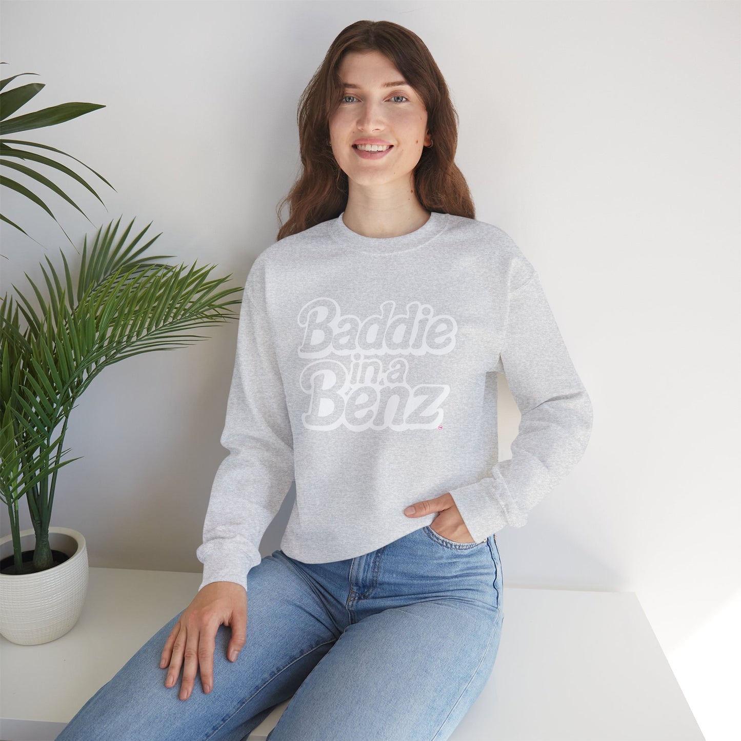 Baddie in a Benz™ | Cozy Unisex Crewneck Sweatshirt | White Logo