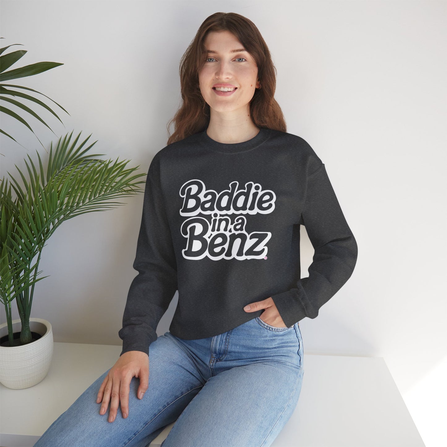 Baddie in a Benz™ | Cozy Unisex Crewneck Sweatshirt | White Logo