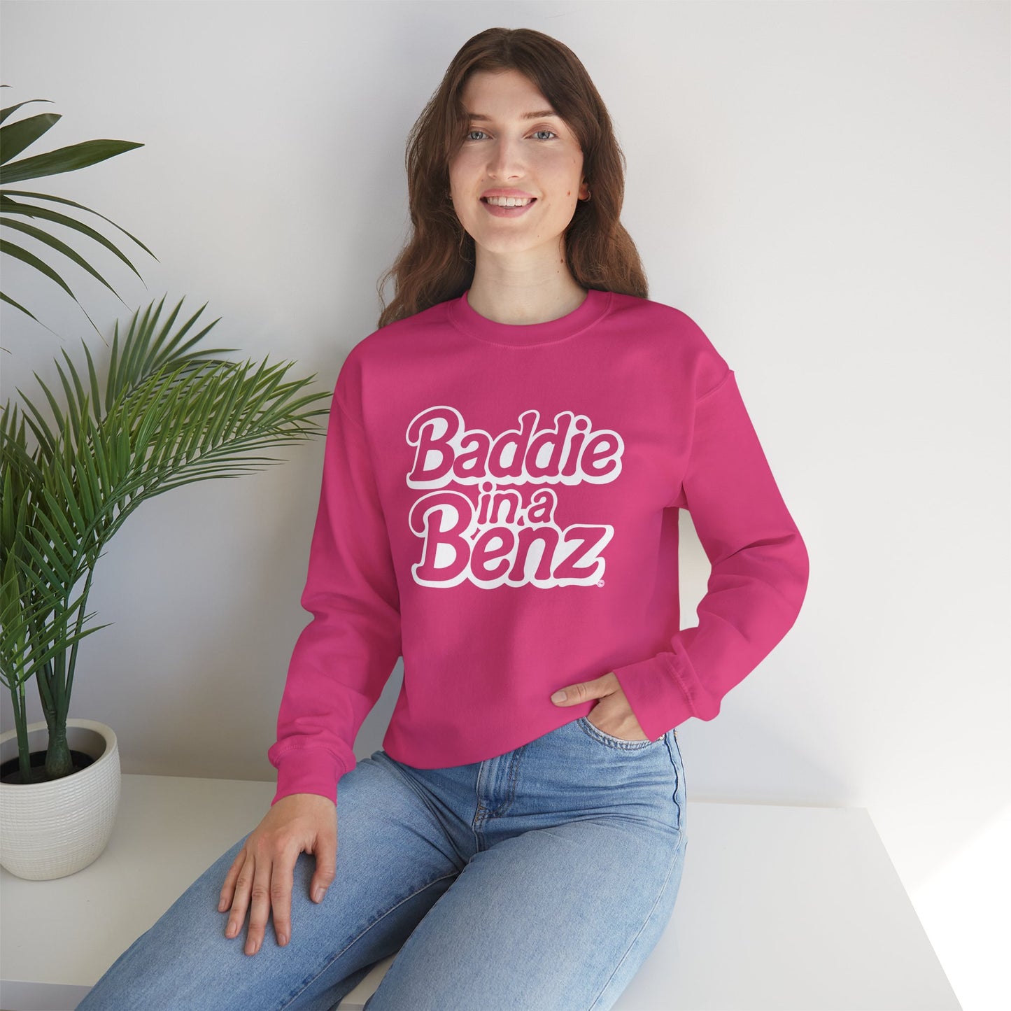 Baddie in a Benz™ | Cozy Unisex Crewneck Sweatshirt | White Logo
